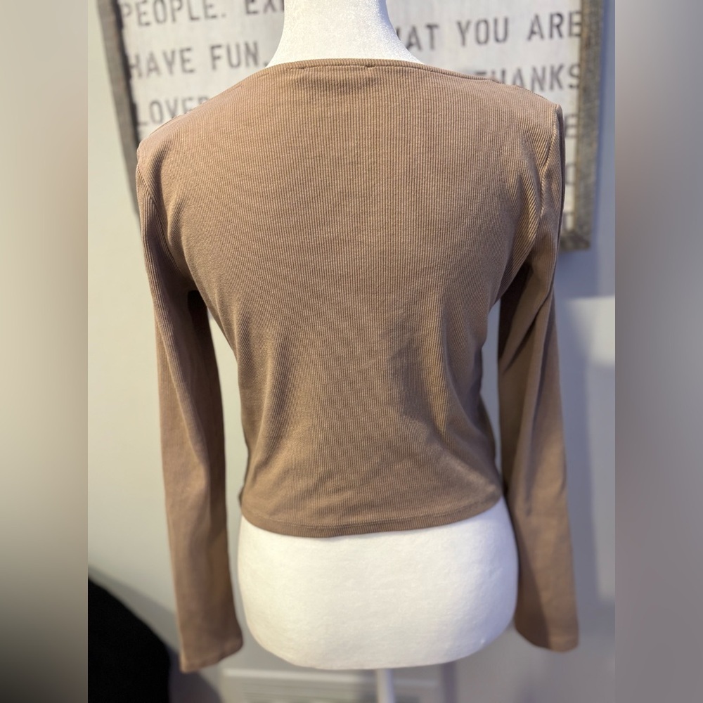 Zara Tan Long Sleeve Women's Square Neck Ribbed Crop Top L - Picture 3 of 12